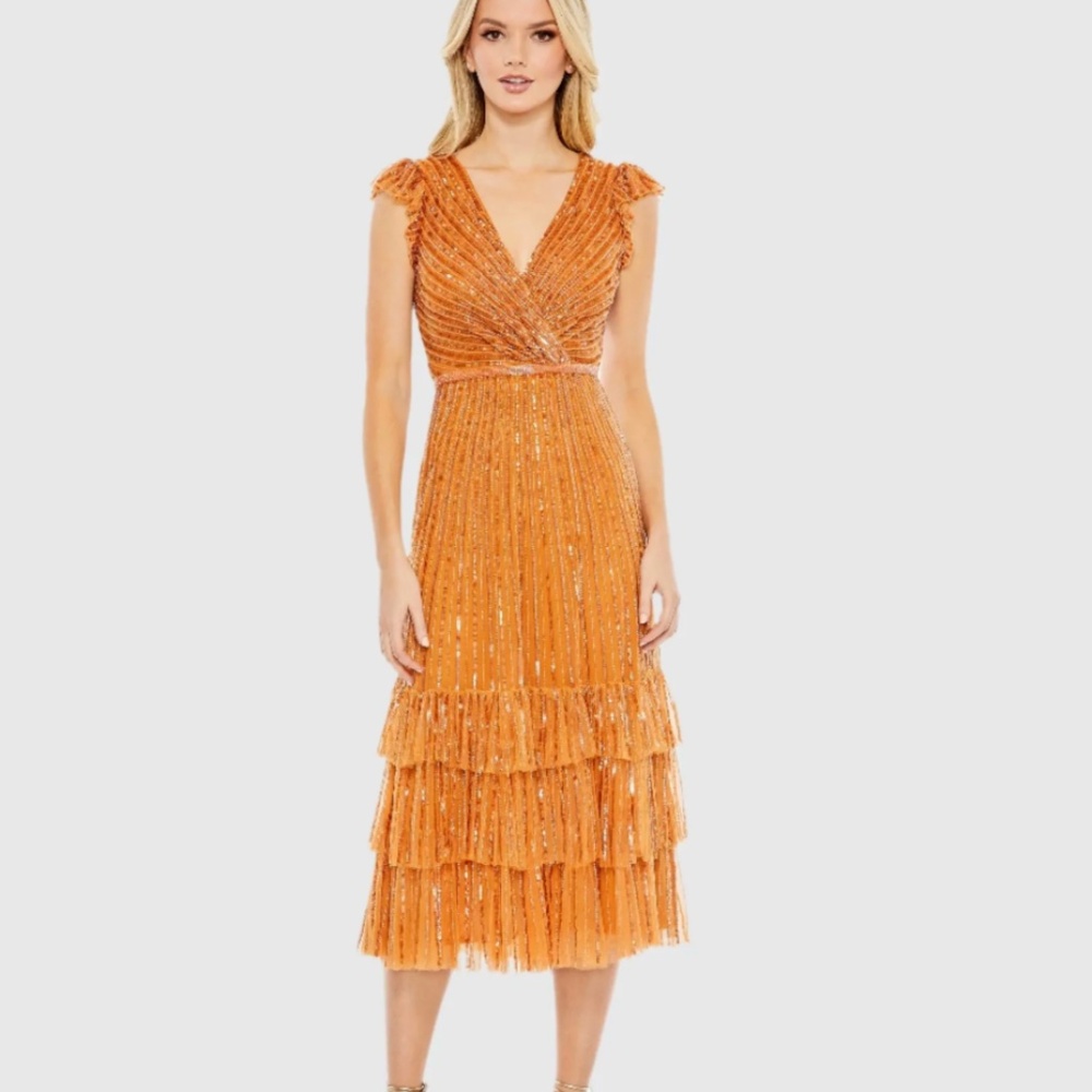 MAC DUGGAL 5585 SEQUINED WRAP OVER CAP SLEEVE RUFFLE HEM BURNT ORANGE DRESS sz 6